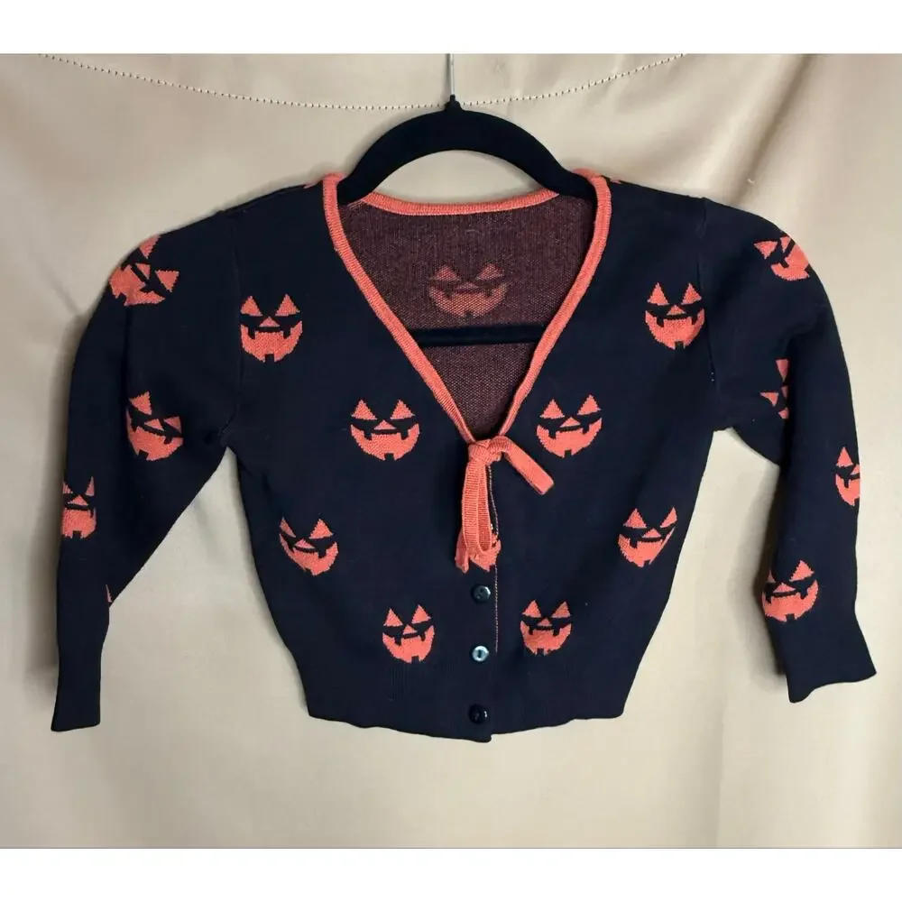 Unique Vintage Black Jack O Lantern Pumpkin Kids Crop Cardigan One Size NWOT